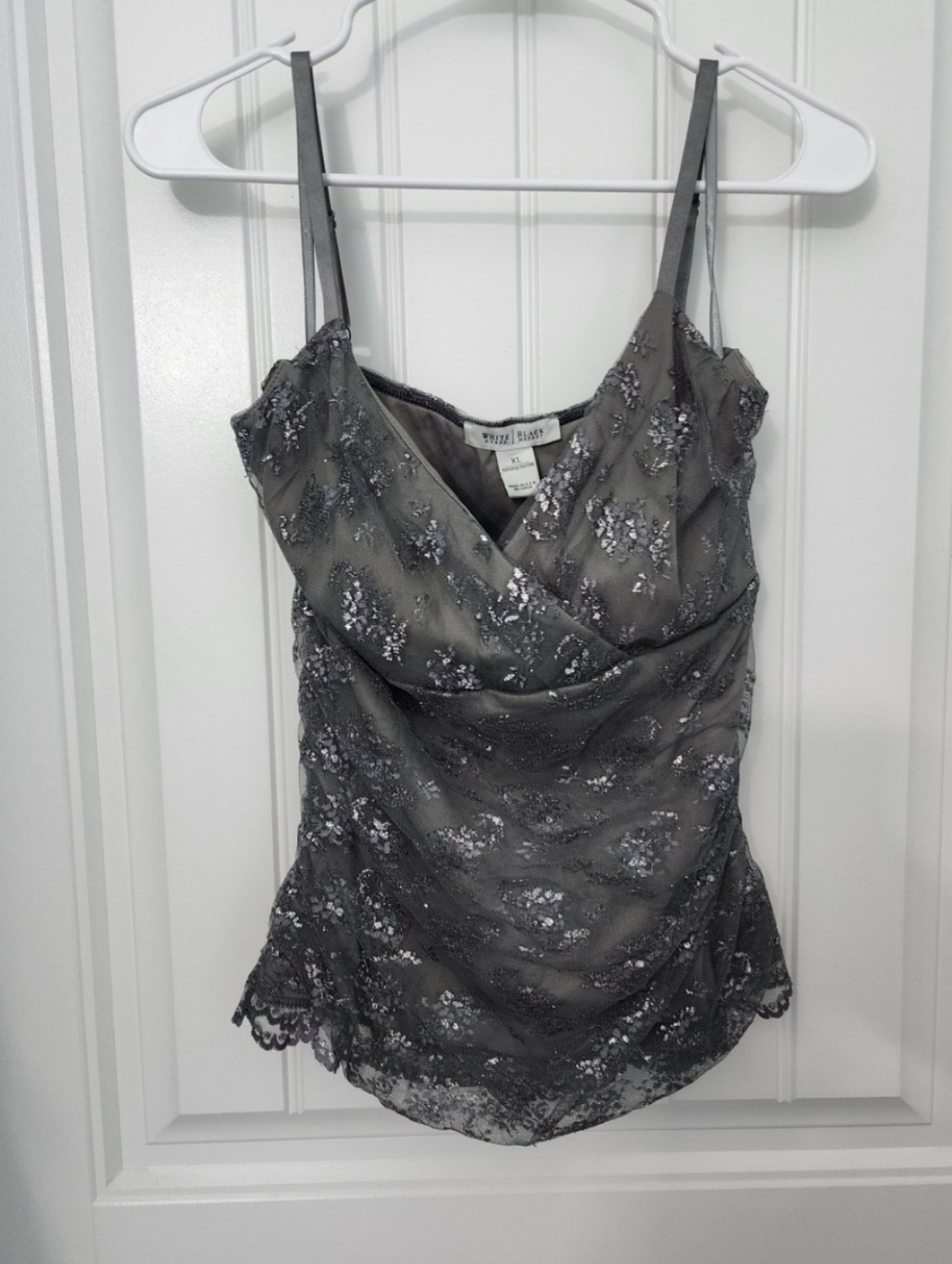 White House Black Market Metallic Silver & Gray Lace Camisole, Size XL